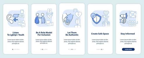 Supporting LGBT youth light blue onboarding mobile app screen. Walkthrough 5 steps editable graphic instructions with linear concepts. UI, UX, GUI template vector