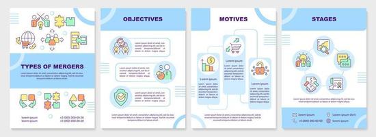 Business companies merger blue brochure template. Integration. Leaflet design with linear icons. Editable 4 vector layouts for presentation, annual reports