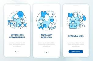 Cons of business consolidation blue onboarding mobile app screen. Walkthrough 3 steps editable graphic instructions with linear concepts. UI, UX, GUI template vector