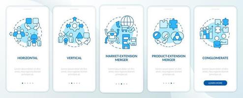 Types of mergers blue onboarding mobile app screen. Business processes walkthrough 5 steps editable graphic instructions with linear concepts. UI, UX, GUI template vector