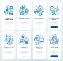 Business consolidation blue onboarding mobile app screen set. Walkthrough 4 steps editable graphic instructions with linear concepts. UI, UX, GUI template vector