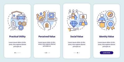 Product values onboarding mobile app screen. Business walkthrough 4 steps editable graphic instructions with linear concepts. UI, UX, GUI template vector