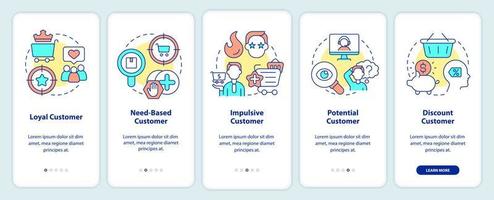 Types of customers onboarding mobile app screen. Business clients walkthrough 5 steps editable graphic instructions with linear concepts. UI, UX, GUI template vector