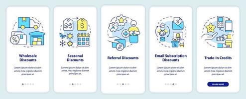 Discount types onboarding mobile app screen. Allowances walkthrough 5 steps editable graphic instructions with linear concepts. UI, UX, GUI template vector