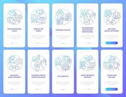 Increasing meeting attendance blue gradient onboarding mobile app screen set. Walkthrough 5 steps graphic instructions with linear concepts. UI, UX, GUI template vector