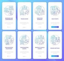 Types of corporate events blue gradient onboarding mobile app screen set. Walkthrough 4 steps graphic instructions with linear concepts. UI, UX, GUI template vector