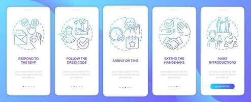 Business event etiquette rules blue gradient onboarding mobile app screen. Walkthrough 5 steps graphic instructions with linear concepts. UI, UX, GUI template vector