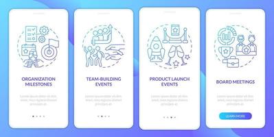 Corporate events examples blue gradient onboarding mobile app screen. Company walkthrough 4 steps graphic instructions with linear concepts. UI, UX, GUI template vector