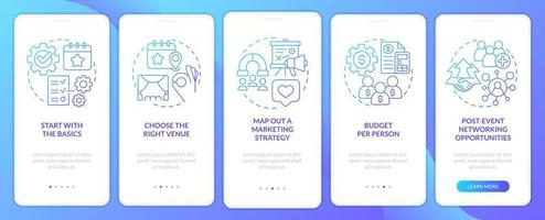 Planning small event blue gradient onboarding mobile app screen. Organization walkthrough 5 steps graphic instructions with linear concepts. UI, UX, GUI template vector