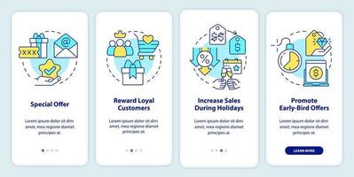 Discount policy onboarding mobile app screen. Marketing walkthrough 4 steps editable graphic instructions with linear concepts. UI, UX, GUI template vector