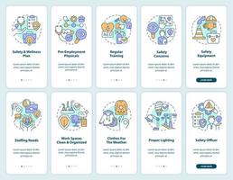 Preventing workplace injuries tips onboarding mobile app screen set. Walkthrough 5 steps editable graphic instructions with linear concepts. UI, UX, GUI template vector