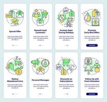 Discount strategy onboarding mobile app screen set. Sales walkthrough 4 steps editable graphic instructions with linear concepts. UI, UX, GUI template vector