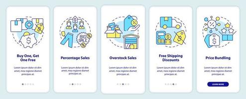 Types of discounts onboarding mobile app screen. Customer incentives walkthrough 5 steps editable graphic instructions with linear concepts. UI, UX, GUI template vector