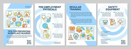 Tips for minimizing occupational injuries blue brochure template. Leaflet design with linear icons. Editable 4 vector layouts for presentation, annual reports