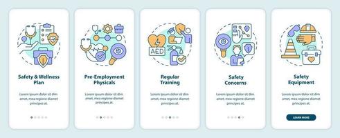 Accident prevention in workplace tips onboarding mobile app screen. Walkthrough 5 steps editable graphic instructions with linear concepts. UI, UX, GUI template vector