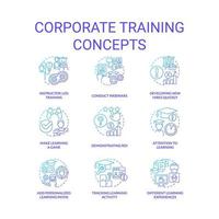 Corporate training blue gradient concept icons set. Development in workplace idea thin line color illustrations. Conduct webinars. Isolated symbols vector