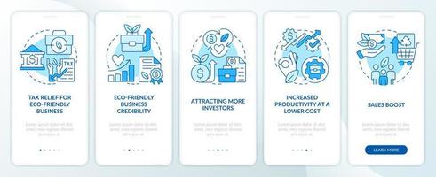 Eco-friendly business advantages blue onboarding mobile app screen. Walkthrough 5 steps editable graphic instructions with linear concepts. UI, UX, GUI template vector