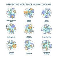 Preventing workplace injury concept icons set. Occupational health and safety idea thin line color illustrations. Isolated symbols. Editable stroke vector
