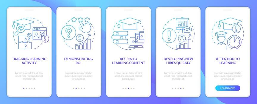 Issues in corporate training blue gradient onboarding mobile app screen. Walkthrough 5 steps graphic instructions with linear concepts. UI, UX, GUI template vector