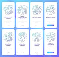 Successful training program blue gradient onboarding mobile app screen set. Walkthrough 4 steps graphic instructions with linear concepts. UI, UX, GUI template vector