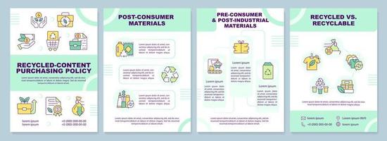 Recycled-content purchasing policy green brochure template. Leaflet design with linear icons. Editable 4 vector layouts for presentation, annual reports