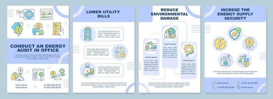 Conduct energy audit in office blue brochure template. Leaflet design with linear icons. Editable 4 vector layouts for presentation, annual reports