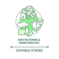 Safe factories and mines practice green concept icon. Environmental entrepreneurship abstract idea thin line illustration. Isolated outline drawing. Editable stroke vector