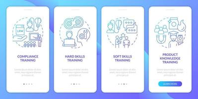 Employee training programs types blue gradient onboarding mobile app screen. Walkthrough 4 steps graphic instructions with linear concepts. UI, UX, GUI template vector