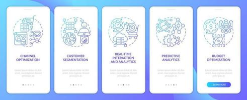 Data science in marketing blue gradient onboarding mobile app screen. Business walkthrough 5 steps graphic instructions with linear concepts. UI, UX, GUI template vector