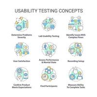 Usability testing concept icons set. Conduct product research. User experience design idea thin line color illustrations. Isolated symbols. Editable stroke vector