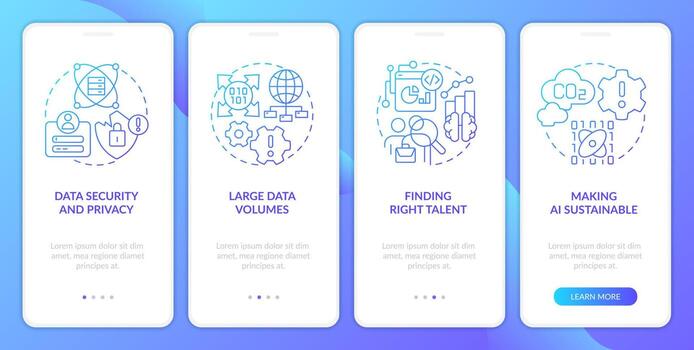 datos Ciencias retos azul degradado inducción móvil aplicación pantalla. desarrollo recorrido 4 4 pasos gráfico instrucciones con lineal conceptos. ui, ux, gui modelo vector