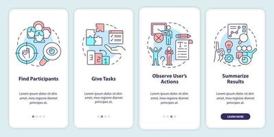 Usability testing plan onboarding mobile app screen. UX research walkthrough 4 steps editable graphic instructions with linear concepts. UI, UX, GUI template vector