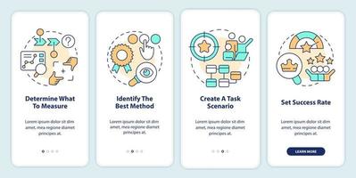 Steps to conduct site usability testing onboarding mobile app screen. Walkthrough 4 steps editable graphic instructions with linear concepts. UI, UX, GUI template vector