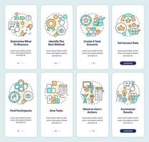 Usability testing plan onboarding mobile app screen set. UX process walkthrough 4 steps editable graphic instructions with linear concepts. UI, UX, GUI template vector