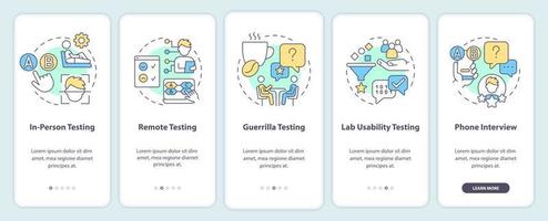 Methods for usability testing onboarding mobile app screen. Research walkthrough 5 steps editable graphic instructions with linear concepts. UI, UX, GUI template vector