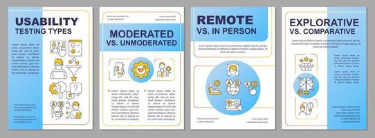 Usability testing methods blue brochure template. UX research types. Leaflet design with linear icons. Editable 4 vector layouts for presentation, annual reports