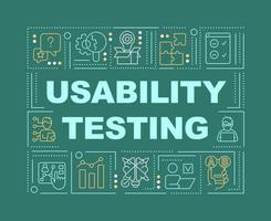 Usability testing word concepts green banner. User experience research. Infographics with editable icons on color background. Isolated typography. Vector illustration with text