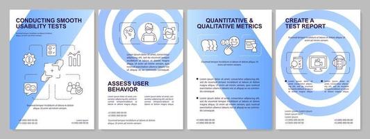 Usability testing session process blue gradient brochure template. UX. Leaflet design with linear icons. 4 vector layouts for presentation, annual reports