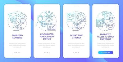 Learning management system benefits blue gradient onboarding mobile app screen. Walkthrough 4 steps graphic instructions with linear concepts. UI, UX, GUI template vector