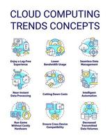 Cloud computing trends benefits concept icons set. Innovating digital technology idea thin line color illustrations. Isolated symbols. Editable stroke vector