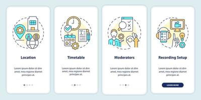 Logistical details of usability testing onboarding mobile app screen. Walkthrough 4 steps editable graphic instructions with linear concepts. UI, UX, GUI template vector