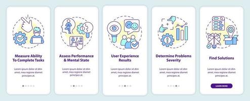 Usability test goals onboarding mobile app screen. Improve product walkthrough 5 steps editable graphic instructions with linear concepts. UI, UX, GUI template vector