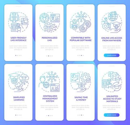Learning management system blue gradient onboarding mobile app screen. Walkthrough 4 steps graphic instructions with linear concepts. UI, UX, GUI template