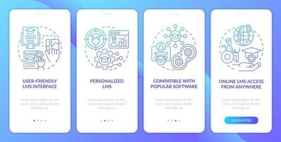 Learning management system features blue gradient onboarding mobile app screen. Walkthrough 4 steps graphic instructions with linear concepts. UI, UX, GUI template vector