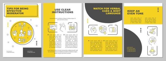 Tips for being effective moderator yellow brochure template. Leaflet design with linear icons. Editable 4 vector layouts for presentation, annual reports