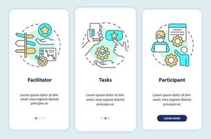 Core components of usability test onboarding mobile app screen. Assess walkthrough 3 steps editable graphic instructions with linear concepts. UI, UX, GUI template vector