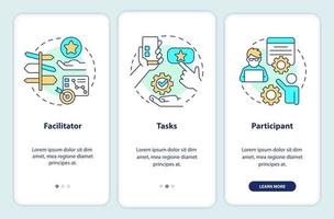 Core components of usability test onboarding mobile app screen. Assess walkthrough 3 steps editable graphic instructions with linear concepts. UI, UX, GUI template vector