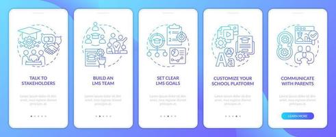 Launching school LMS blue gradient onboarding mobile app screen. Walkthrough 5 steps graphic instructions with linear concepts. UI, UX, GUI template vector