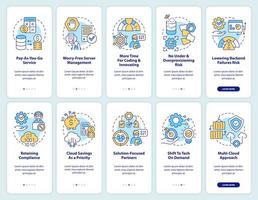 Cloud computing trends onboarding mobile app screen set. IT walkthrough 5 steps editable graphic instructions with linear concepts. UI, UX, GUI template vector