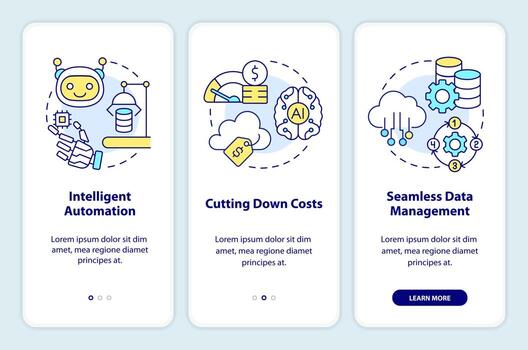 AI in cloud computing benefits onboarding mobile app screen. Walkthrough 3 steps editable graphic instructions with linear concepts. UI, UX, GUI template vector